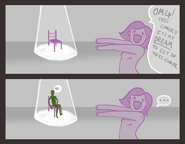 The young lady represents the hormone which has a desire to sit in the chair (bind to the receptor). The unco-operative green chap represents an antagonist who will not allow the hormone to access the receptor.