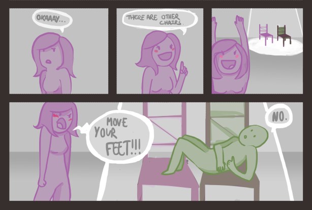 Here, the green antagonist is not using the same receptor that our young agonist desires, yet he still blocks access to the agonist's desired receptor.